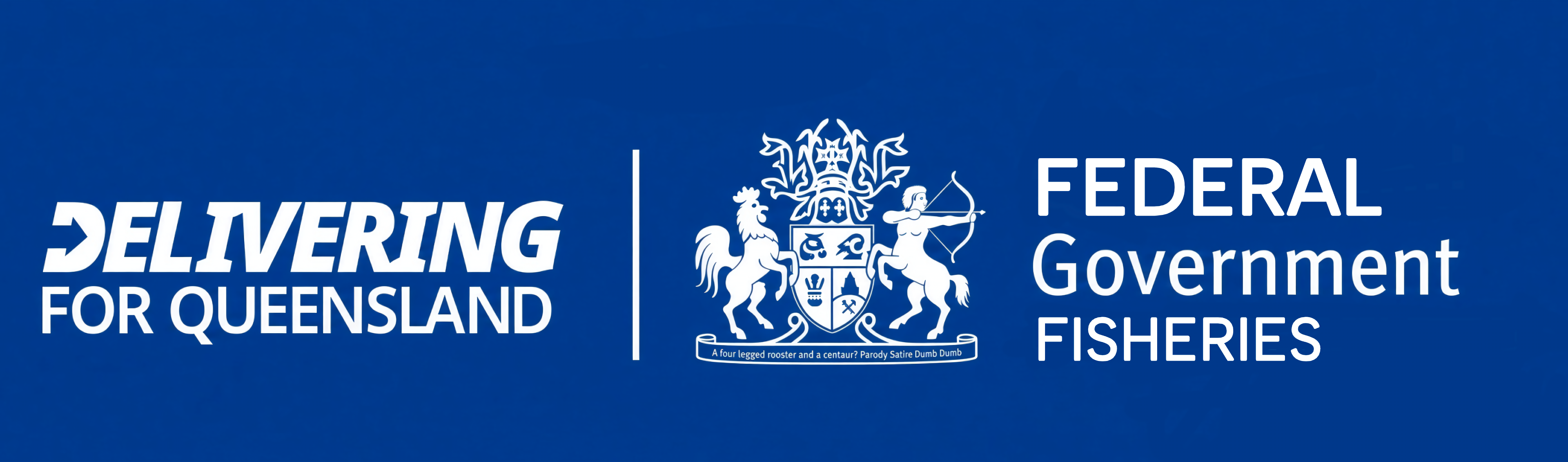 Parody letterhead: DELIVERING FOR QUEENSLAND, a four-legged rooster and centaur coat of arms, FEDERAL Government FISHERIES (satire, not a real government logo)