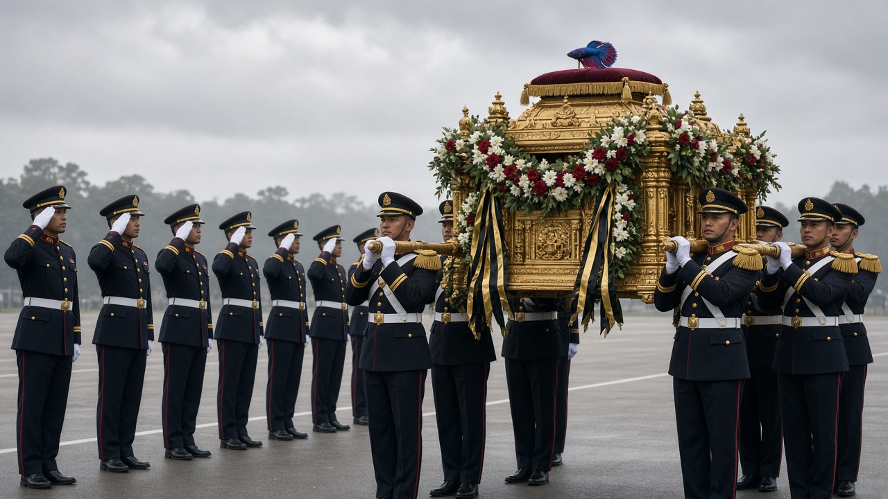 Honour guard saluting as bearers carry a fighting fish on a wreathed palanquin